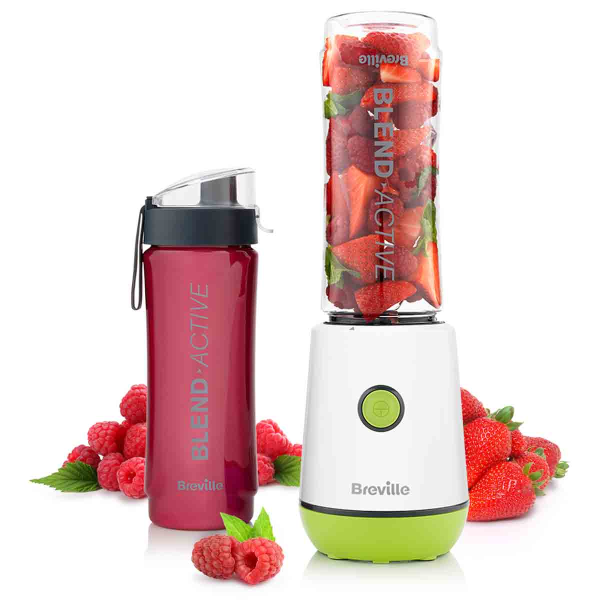 Breville VBL246 Blendactive Personal Blender in green and white, featuring a blending base with a transparent container filled with strawberries, alongside a red sports bottle.