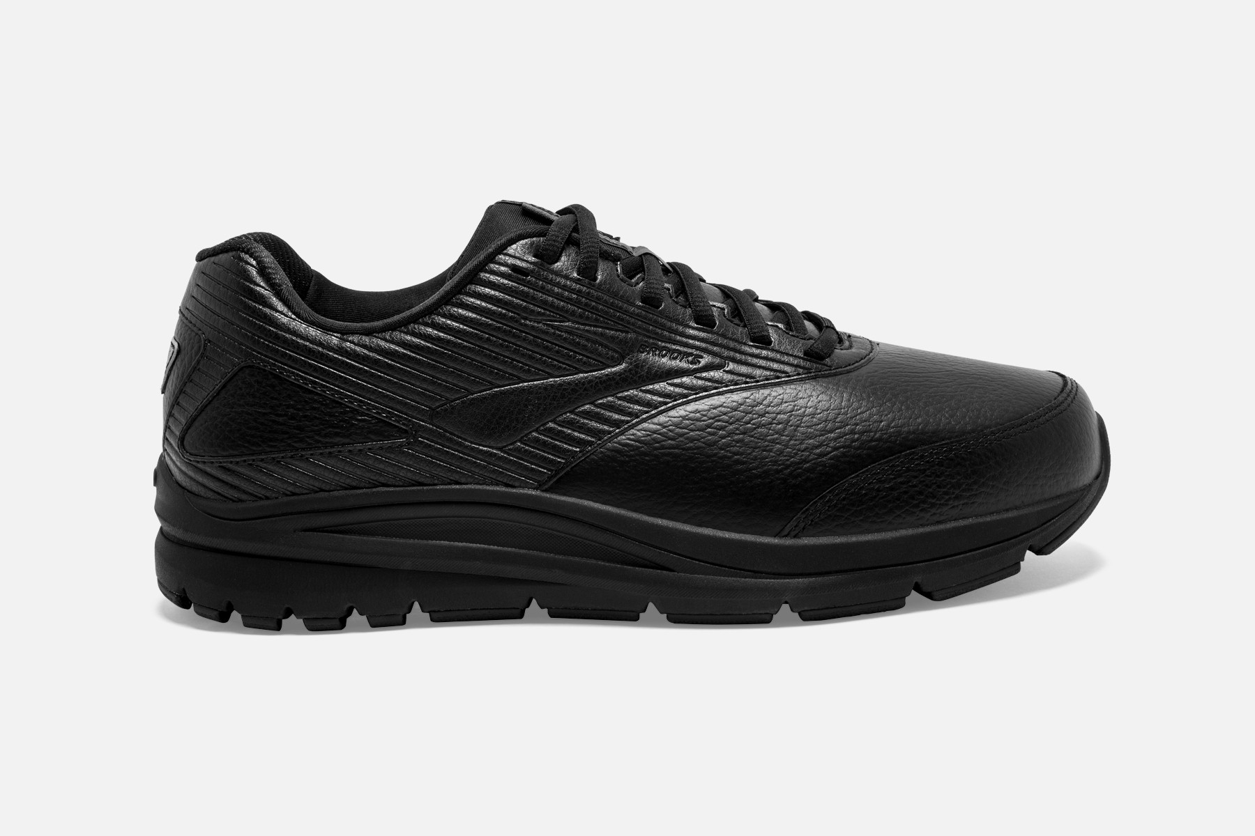 Men's Brooks Addiction 2 shoes in black, featuring a textured leather upper, lace-up design, and a cushioned sole for extra support, designed in an extra wide fit.