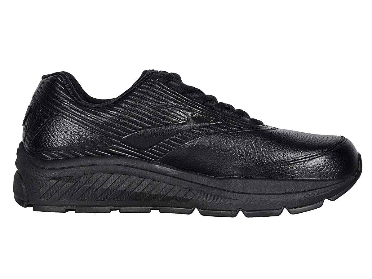 Women's Brooks Addiction 2 shoes in narrow fit, featuring a sleek black leather upper, textured detailing, and a cushioned black sole for support and comfort.