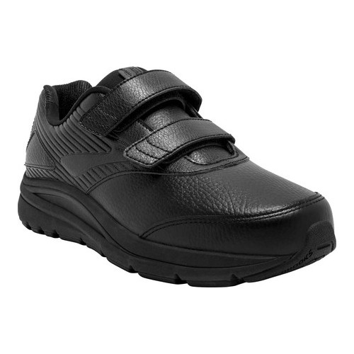 Black leather walking shoe with a cushioned sole, featuring two adjustable Velcro straps for a secure fit, designed for women's comfort and support in size 12 D.