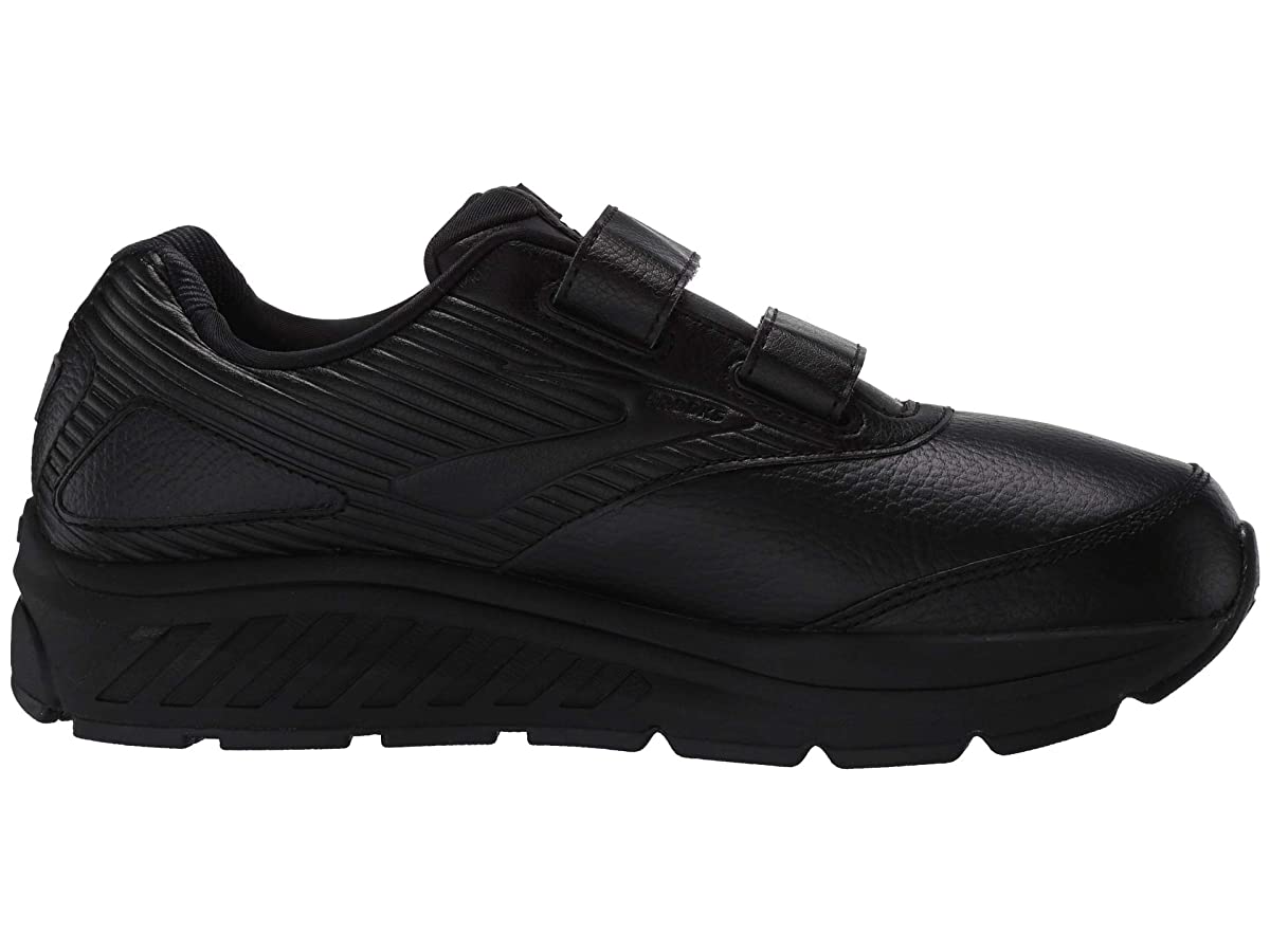 Black leather women's walking shoes with a V-strap design, featuring a textured upper and a thick, cushioned sole for support, size 11.5 D.