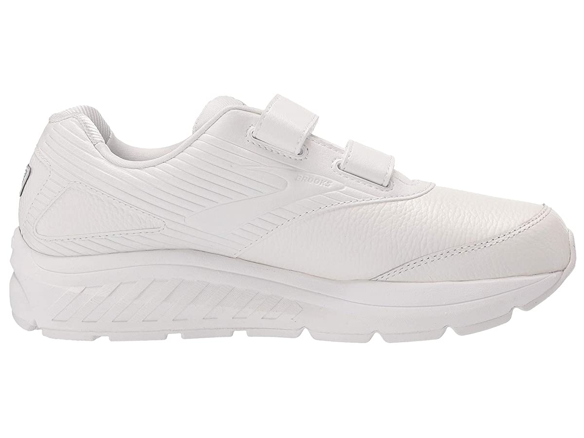 White leather women's walking shoes with a V-strap design, featuring a textured upper and a cushioned sole for support, size 10 EE.