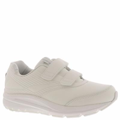 White leather walking shoes featuring a V-strap design, cushioned sole, and textured detailing, ideal for comfort and support in women's sizes.
