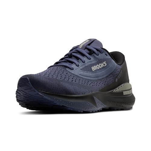 Men's Brooks Adrenaline GTS 24 GTX running shoes in black, nightshadow, and coconut colors, featuring a breathable mesh upper, cushioned sole, and reflective detailing.