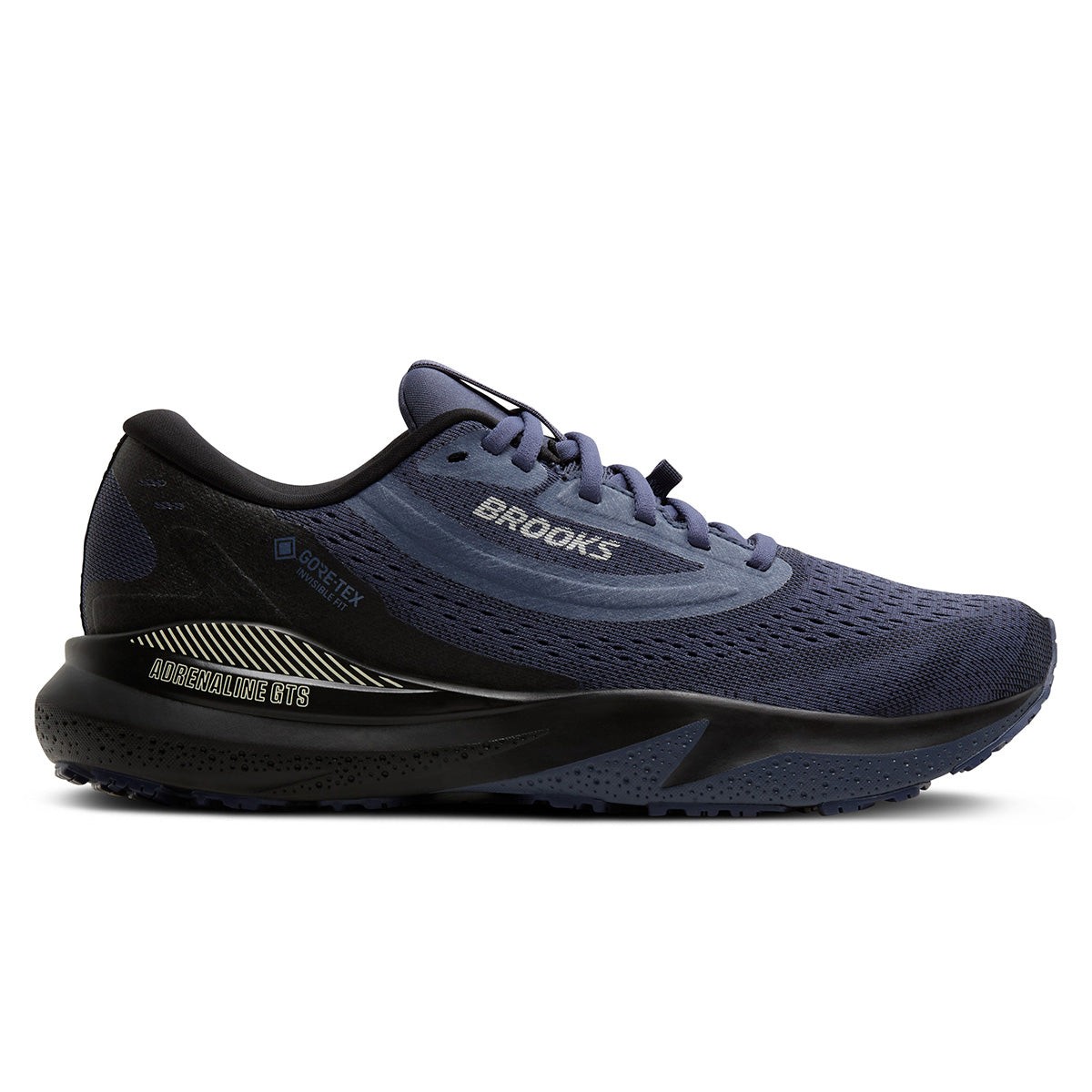 Men's Brooks Adrenaline GTS 24 GTX running shoes in black, nightshadow, and coconut colors feature a breathable mesh upper, cushioned sole, and GORE-TEX waterproof technology.