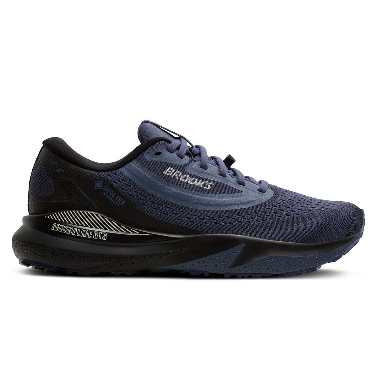 Black and dark blue textile running shoes with a sleek design, featuring a cushioned sole, breathable mesh upper, and "Brooks" branding on the side.