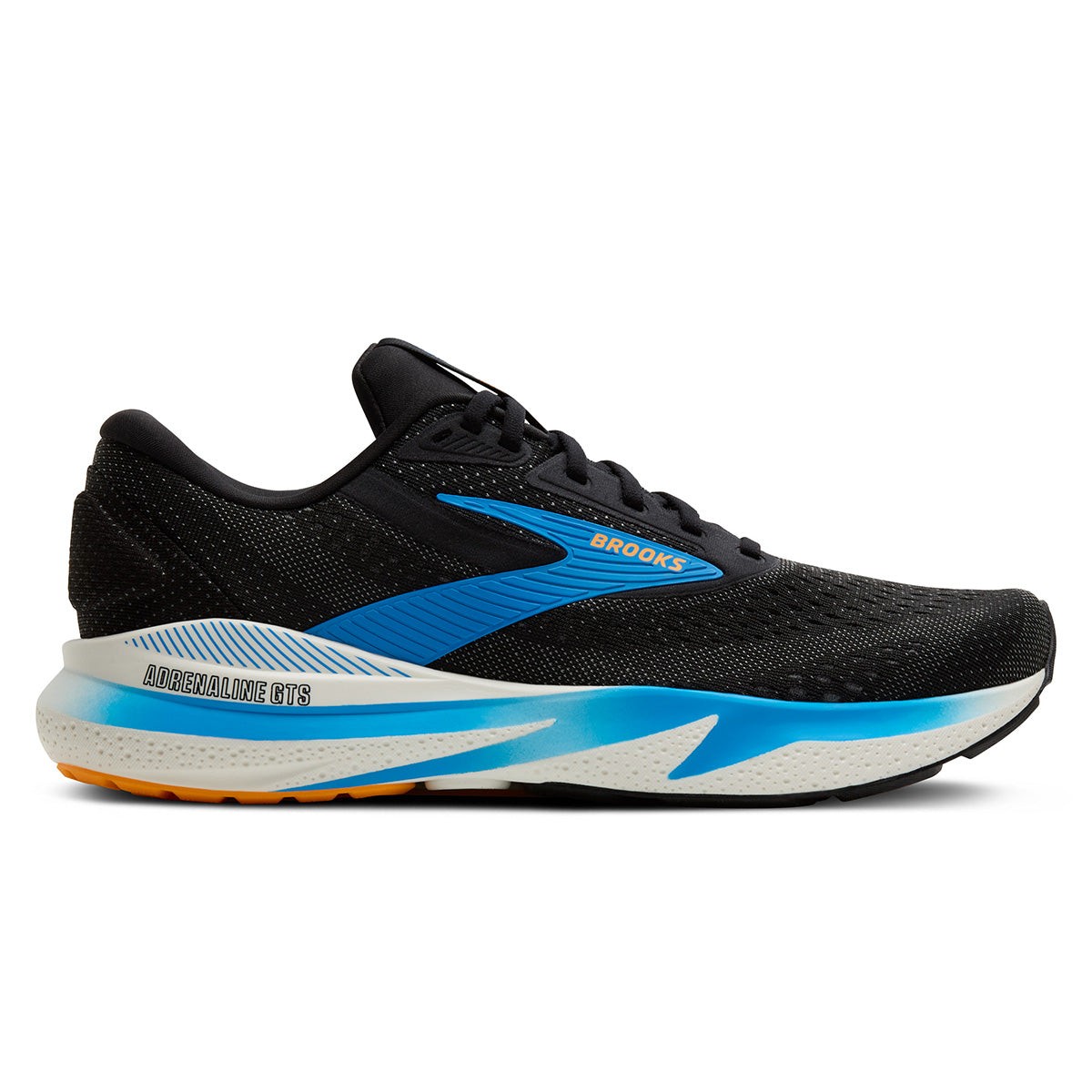 Black and ebony running shoe with blue accents, featuring a breathable mesh upper, cushioned sole, and a sleek design, size 14.