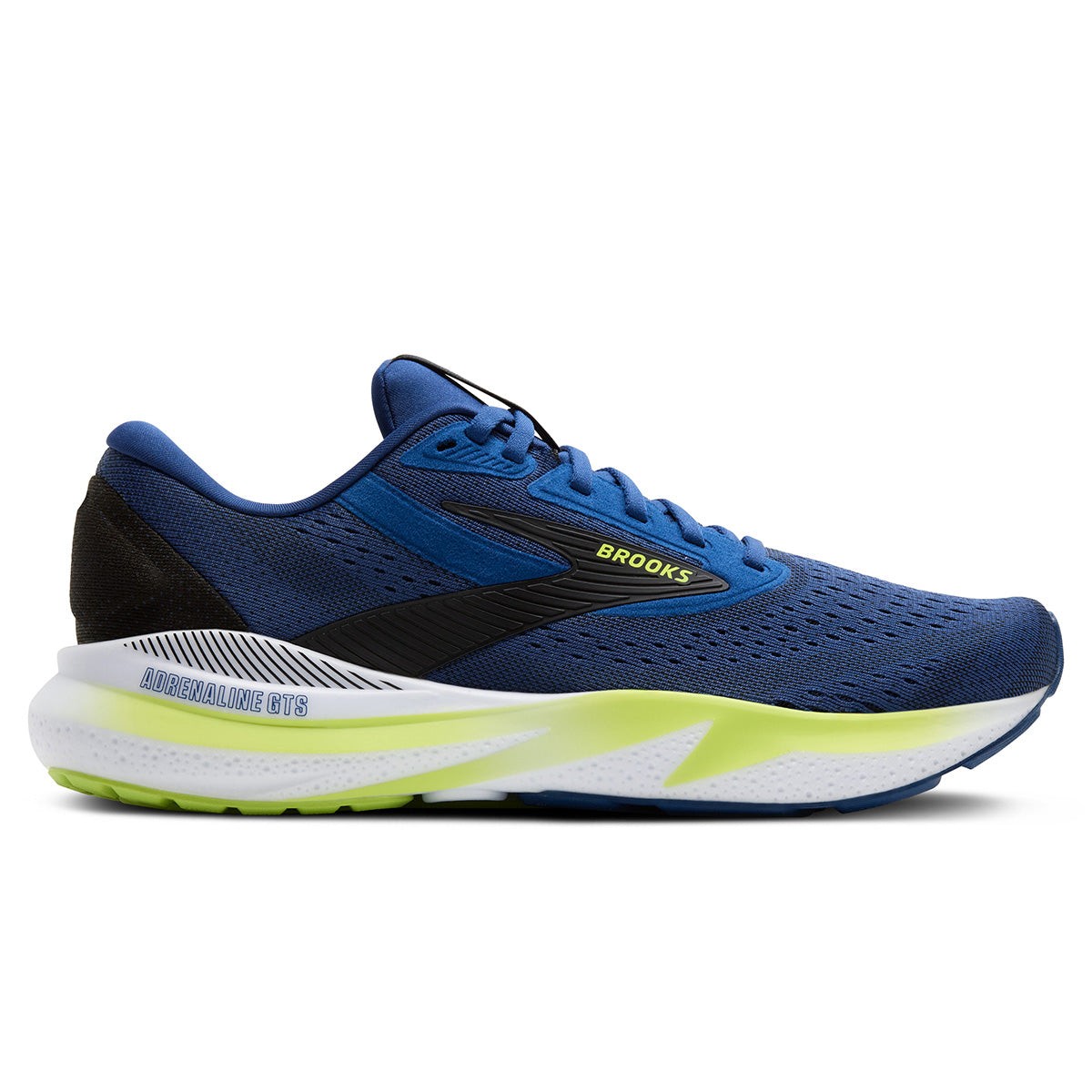 Dark blue running shoes with white and acid yellow accents, featuring a breathable mesh upper, cushioned sole, and black heel support, model Brooks Adrenaline GTS 24, size 43.