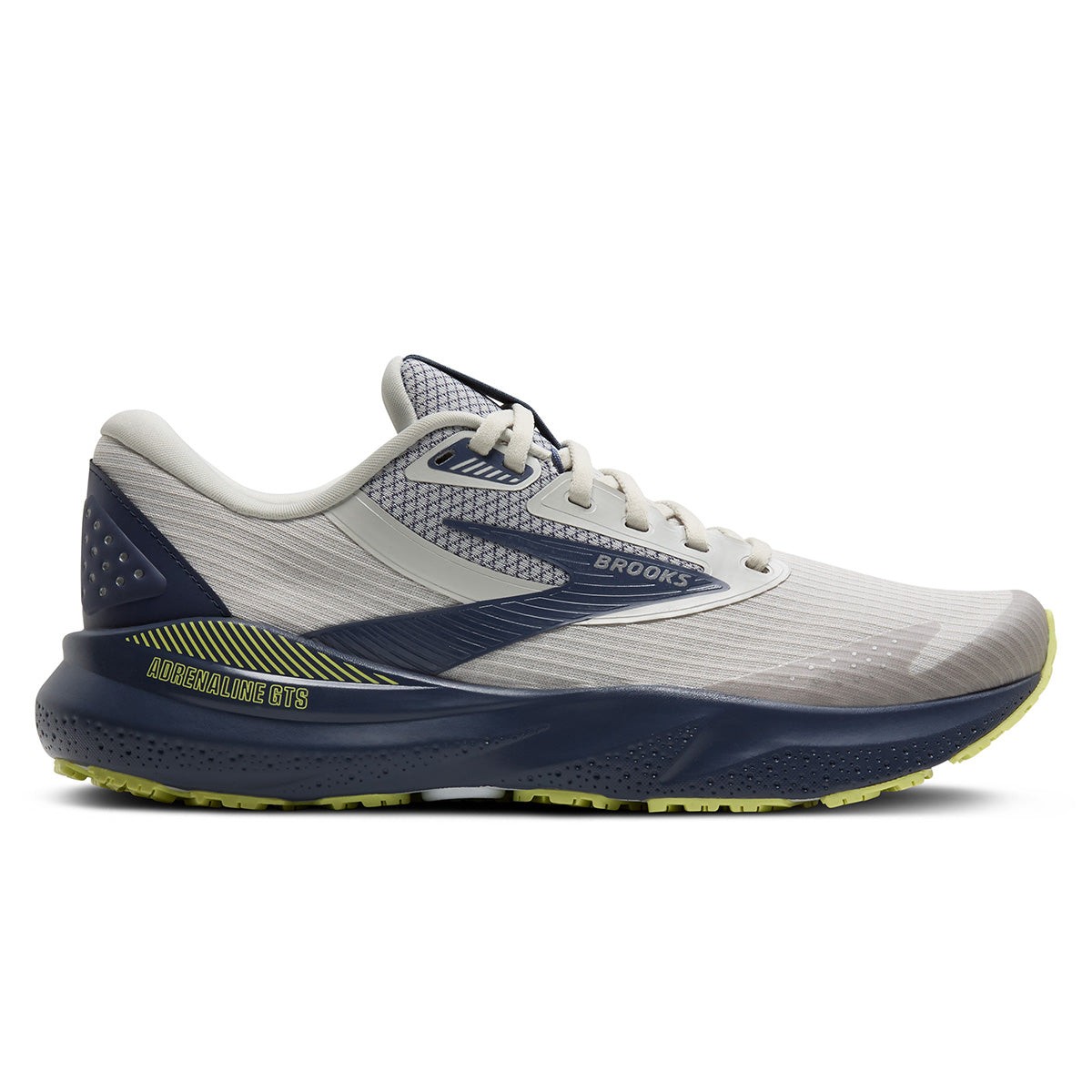 Brooks Adrenaline GTS 24 Weatherized women's running shoes in oyster, nightshadow, and lime, featuring a grey upper, breathable mesh, and cushioned sole for comfort.