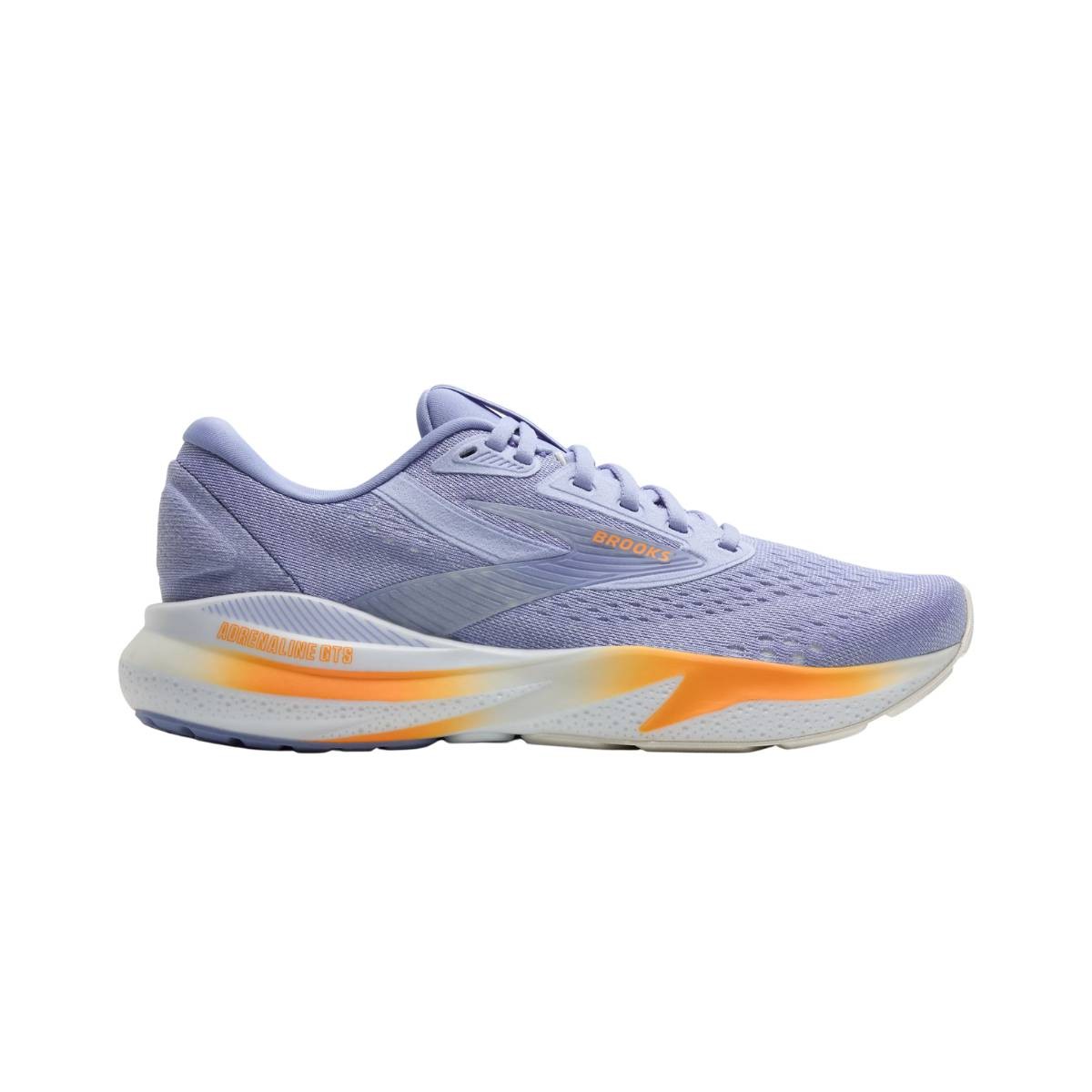 Light purple running shoe with white and orange accents, featuring a breathable mesh upper, cushioned sole, and supportive design, size 7.5.