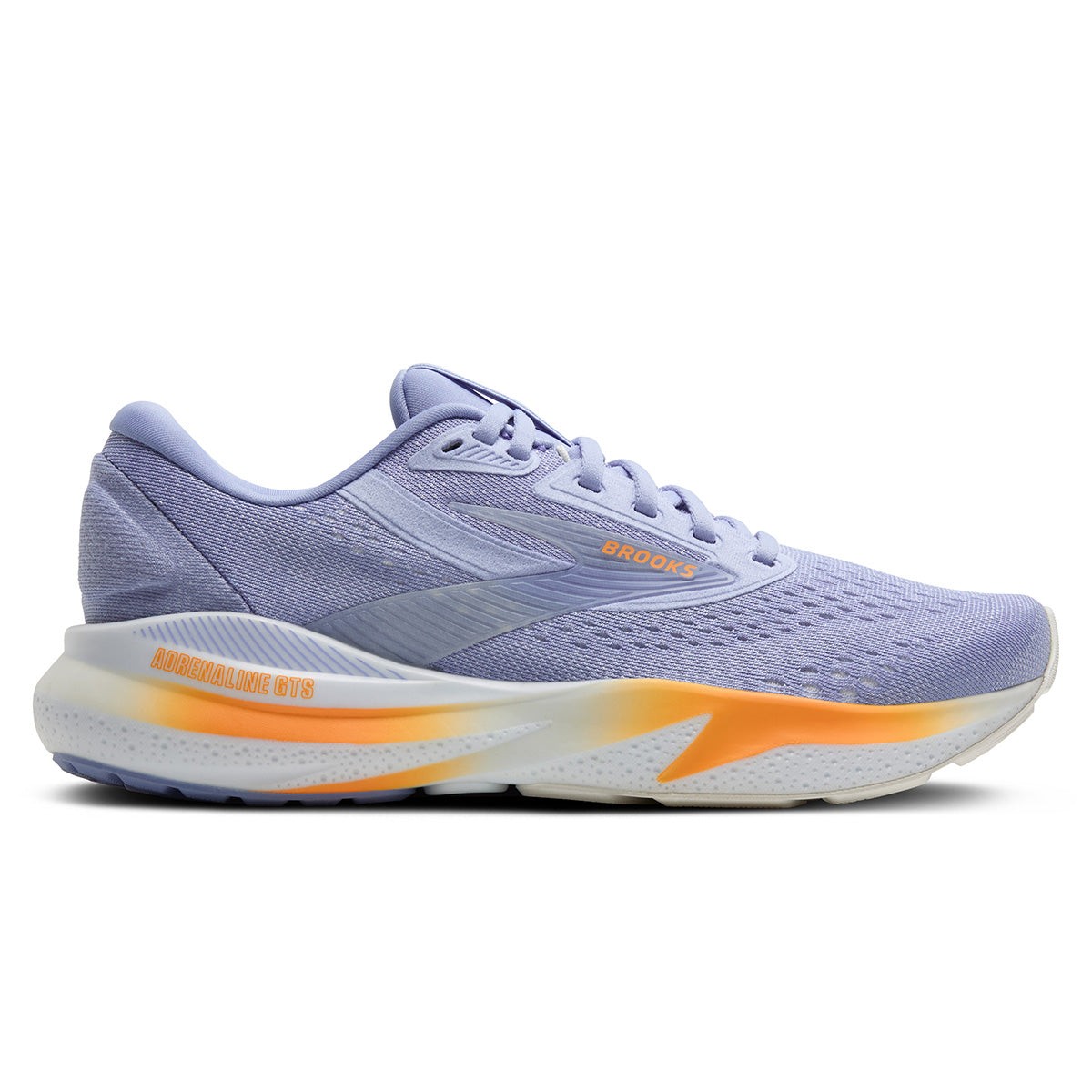 Light purple running shoes with white and orange accents, featuring a breathable mesh upper, cushioned sole, and a sleek design, labeled as Brooks Adrenaline GTS 24, size 9.5.
