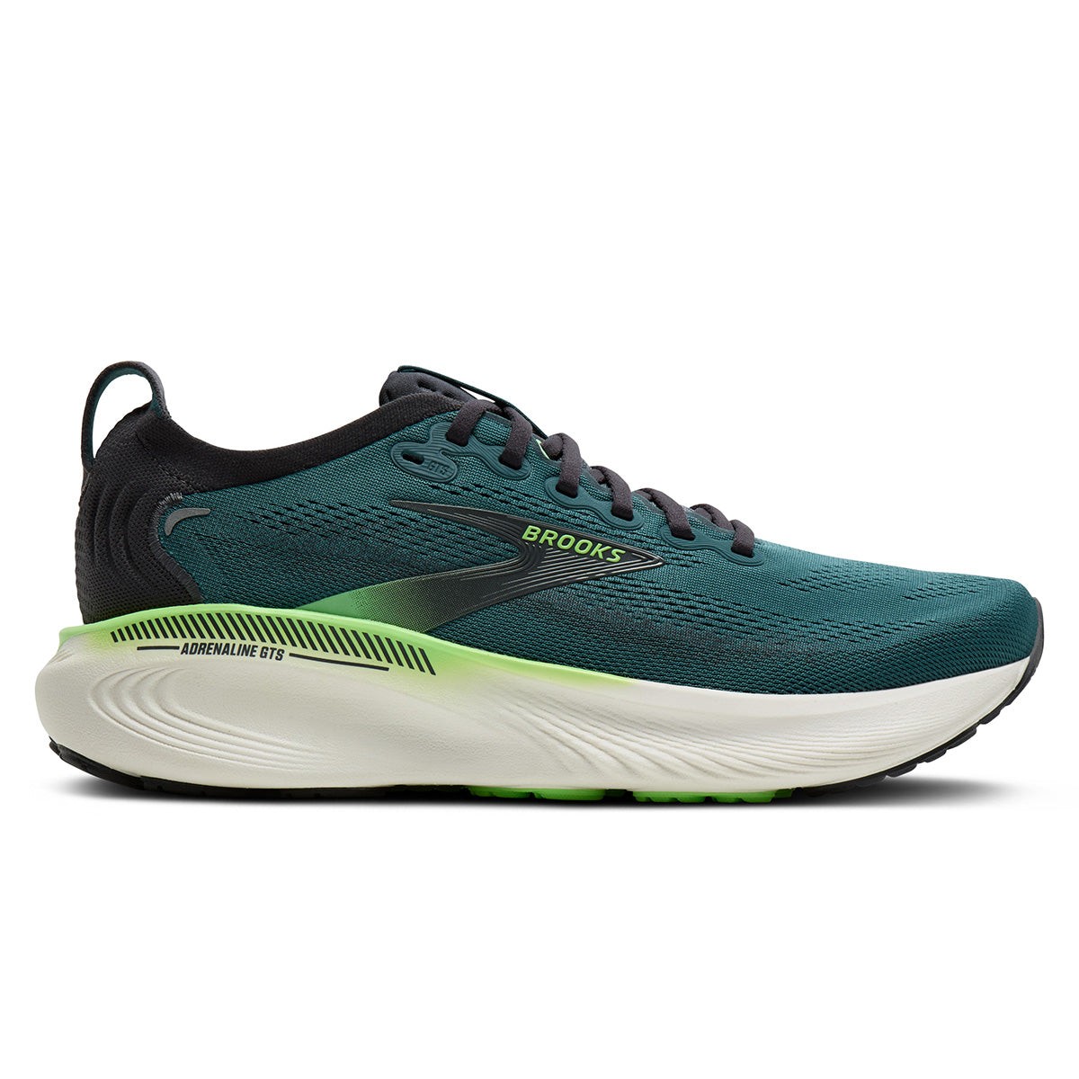 Men's Brooks Adrenaline GTS 25 running shoe in Atlantic Deep with coconut and green accents, featuring a breathable mesh upper and cushioned sole for comfort and support.