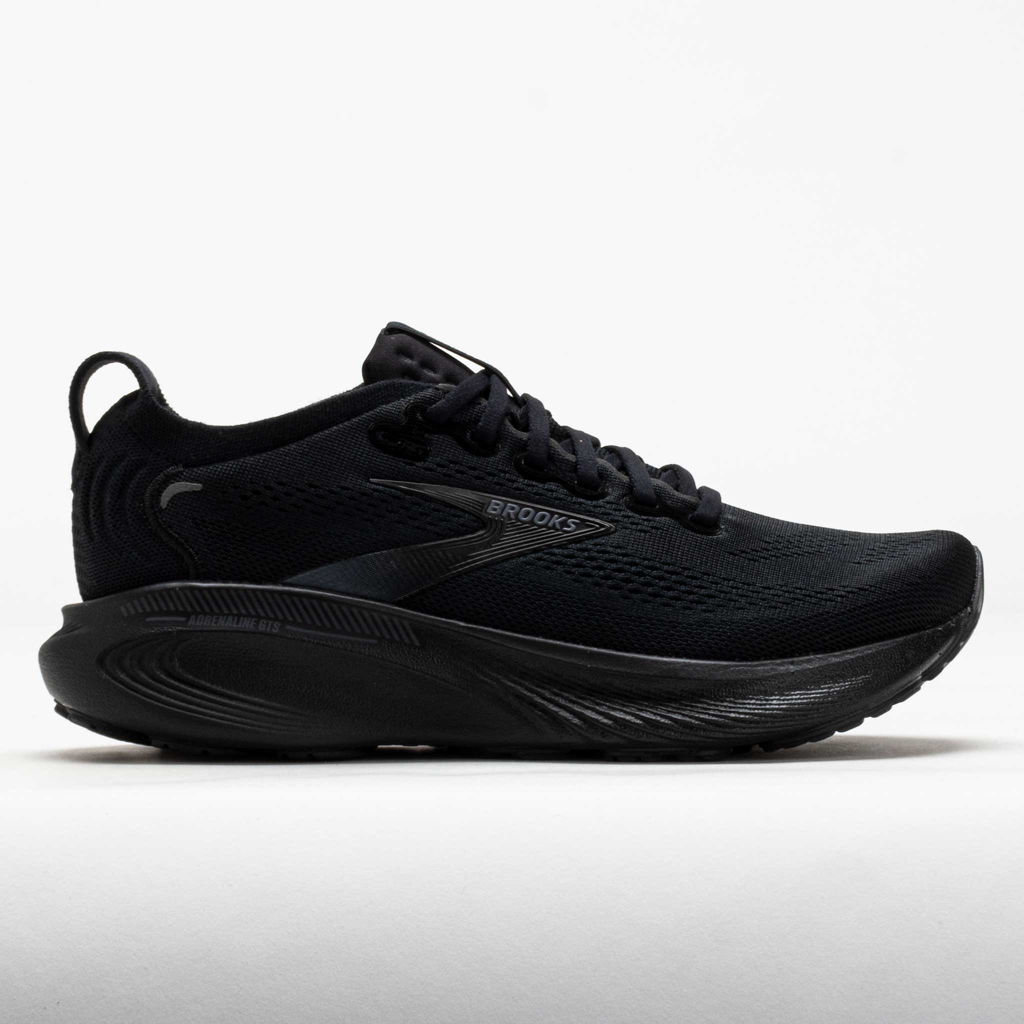 Black Brooks Men's Adrenaline GTS 25 running shoes, size 8.0, featuring a breathable mesh upper, cushioned sole, and reflective detailing for visibility.