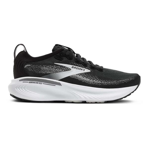 Black, grey, and white Brooks Adrenaline GTS 25 men's running shoes featuring a textile upper, cushioned sole, and sleek design, size 7.5 D - Medium.