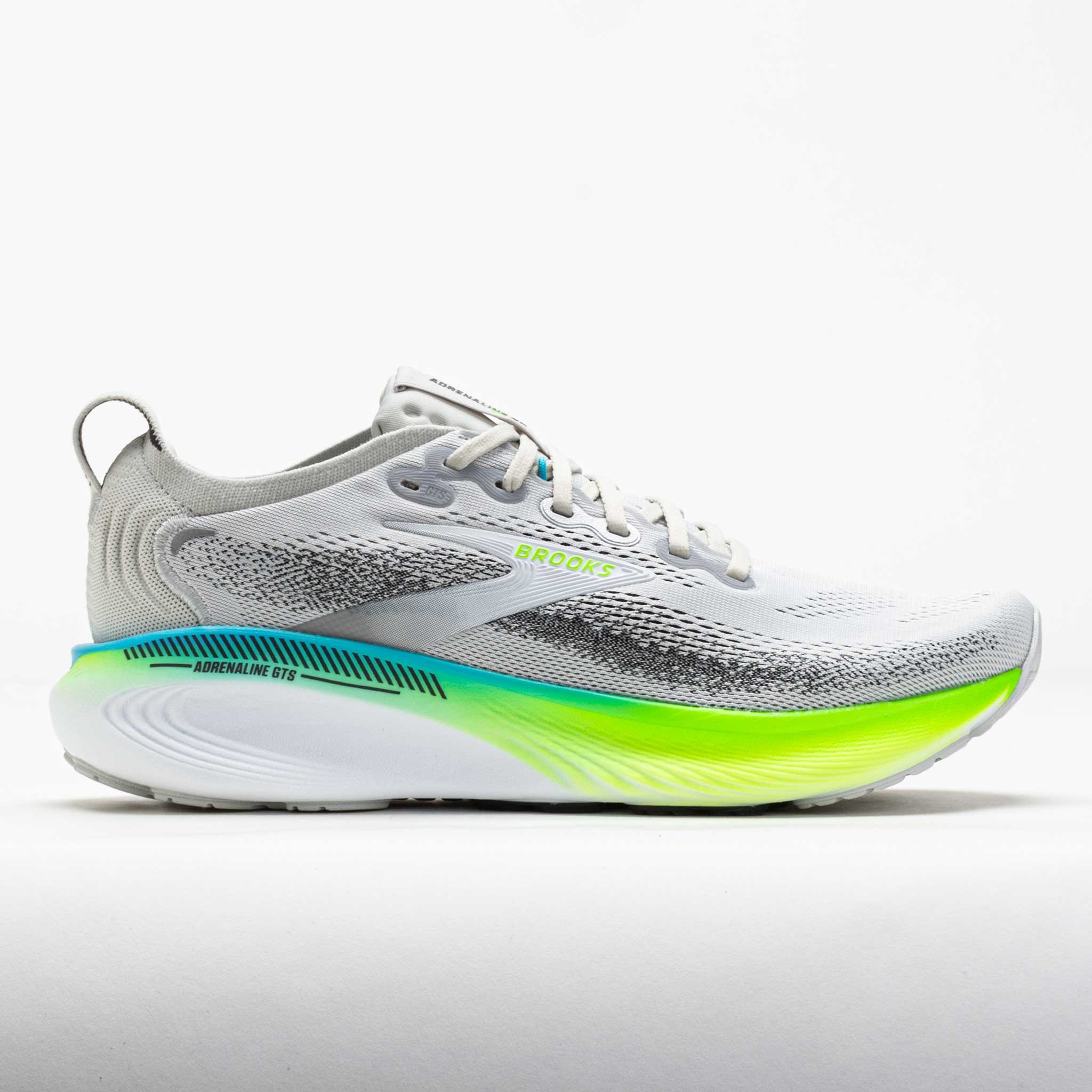 Men's Brooks Adrenaline GTS 25 running shoes in oyster, green gecko, and blue, featuring a lightweight mesh upper, cushioned sole, and a sleek, modern design.