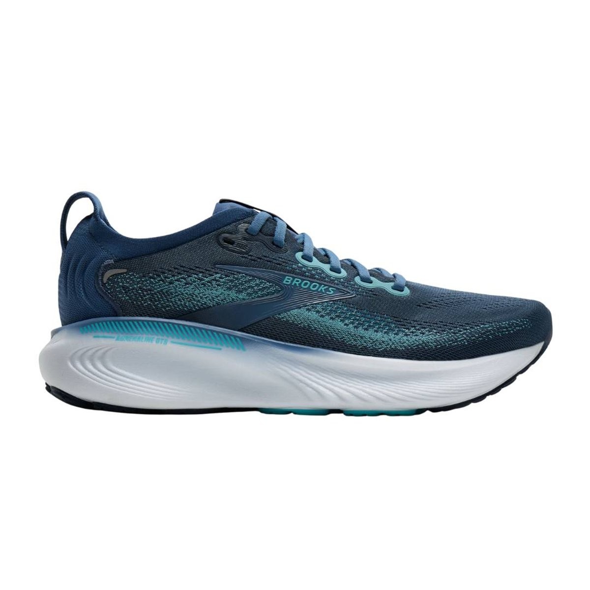 Dark blue Brooks Adrenaline GTS 25 Wide running shoes feature a breathable mesh upper, cushioned sole, and contrasting turquoise accents, size 45.5.