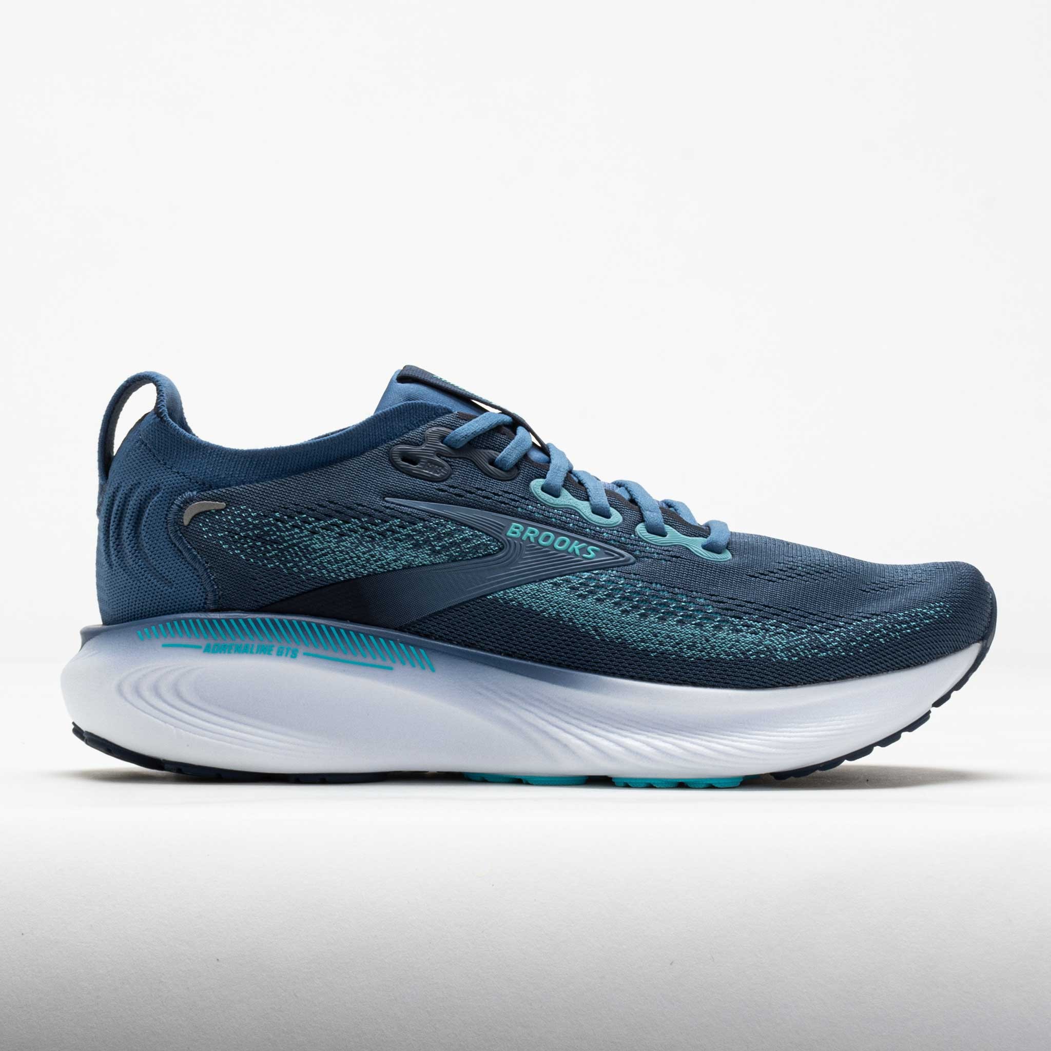 Brooks Adrenaline GTS 25 running shoes in navy blue with teal accents, featuring a breathable mesh upper, cushioned sole, and a sleek design for optimal performance.