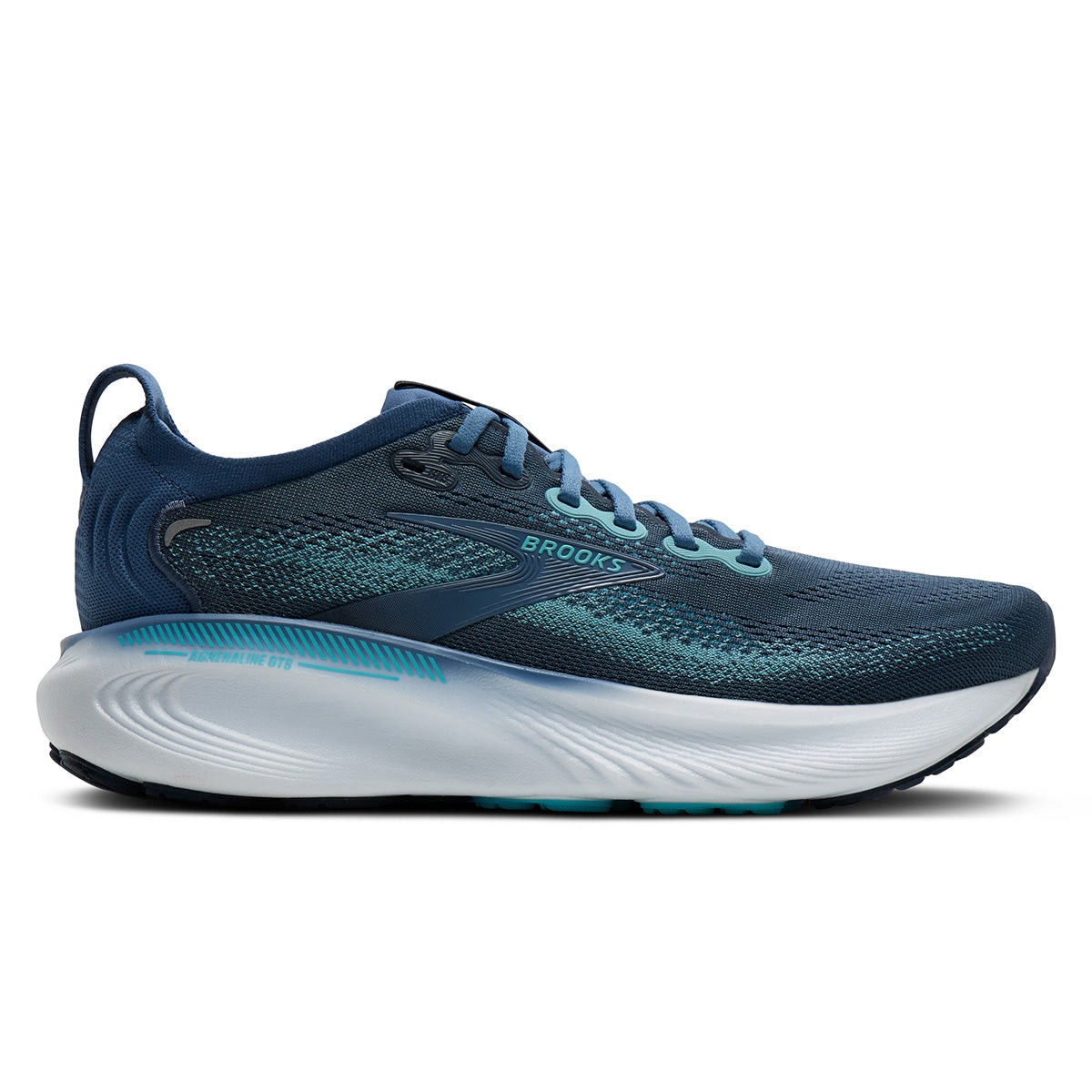 Brooks Adrenaline GTS 25 men's running shoe in navy with spellbound and moonlight accents, featuring a breathable mesh upper, cushioned sole, and narrow fit.