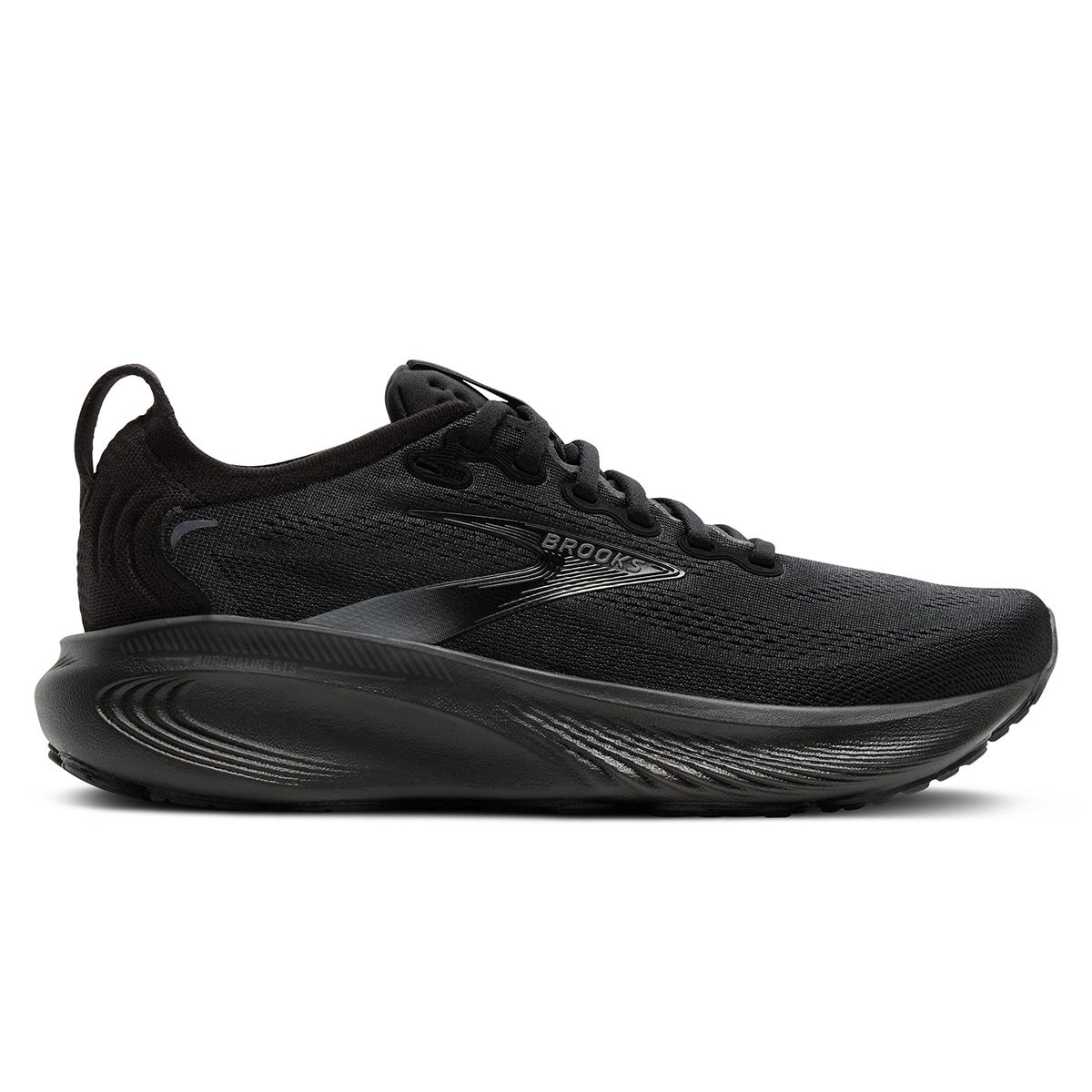 Black Brooks Adrenaline GTS 25 women's running shoe featuring a sleek design, breathable mesh upper, cushioned sole, and wide fit, ideal for comfort and support.