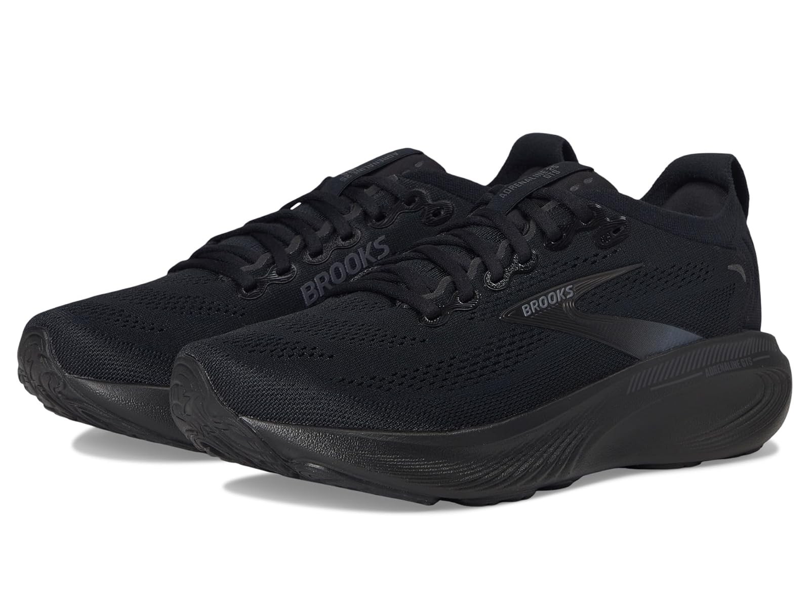 Black Brooks Adrenaline GTS 25 women's running shoes feature a breathable mesh upper, cushioned sole, and a sleek design, available in size 9 wide.