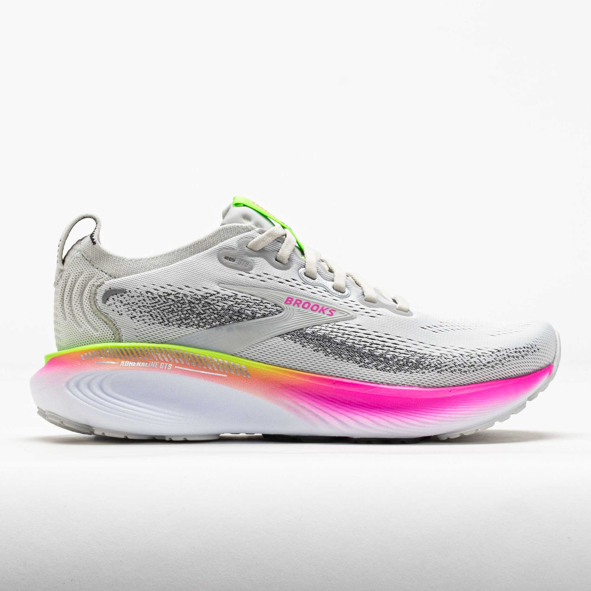 Light grey running shoe with a breathable mesh upper, featuring a colorful pink and yellow gradient midsole and reflective details, designed for women's comfort and support.