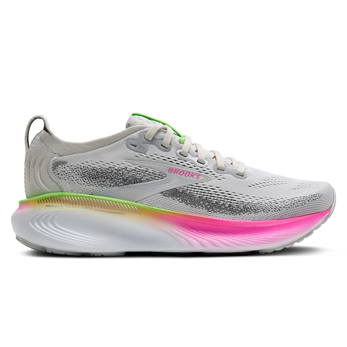 Light grey running shoe with pink and green accents, featuring a breathable mesh upper, cushioned sole, and a wide fit, labeled as Brooks Adrenaline GTS 25 for women.