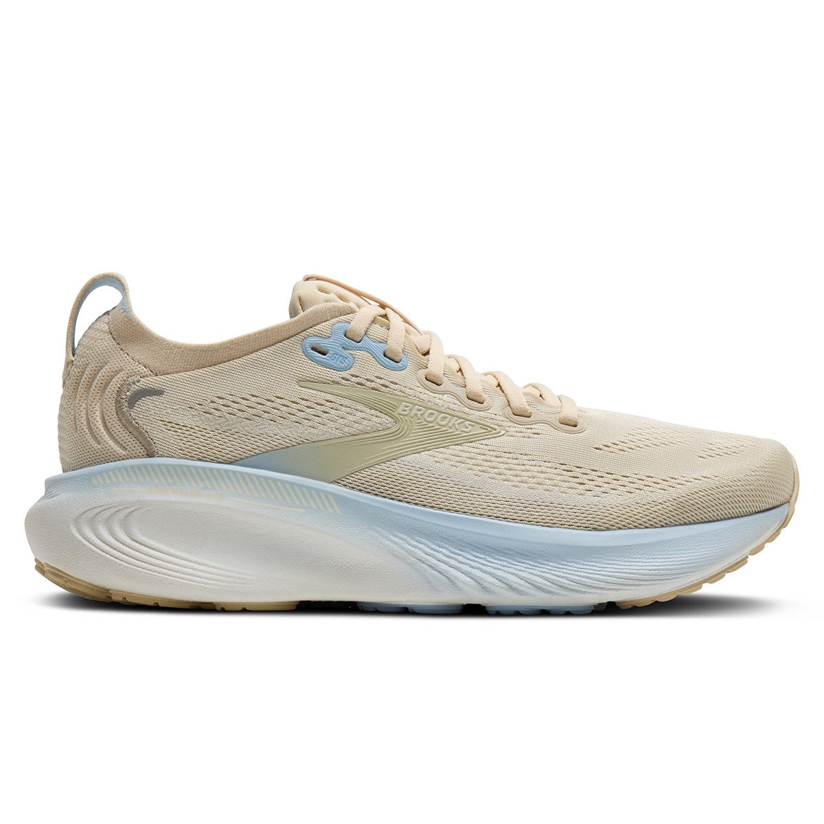 Light beige mesh running shoes with a cushioned sole, featuring a sky blue accent on the midsole and a subtle logo on the side.