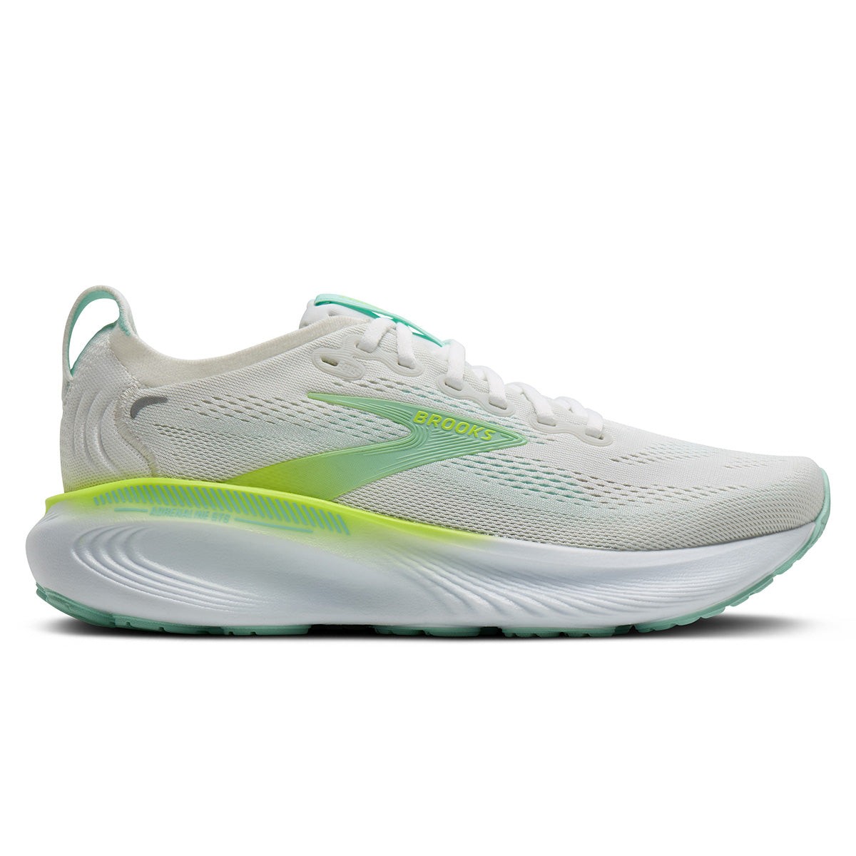 White textile running shoes with vibrant green and yellow accents, featuring a cushioned sole, breathable upper, and a sleek design, ideal for women's running.