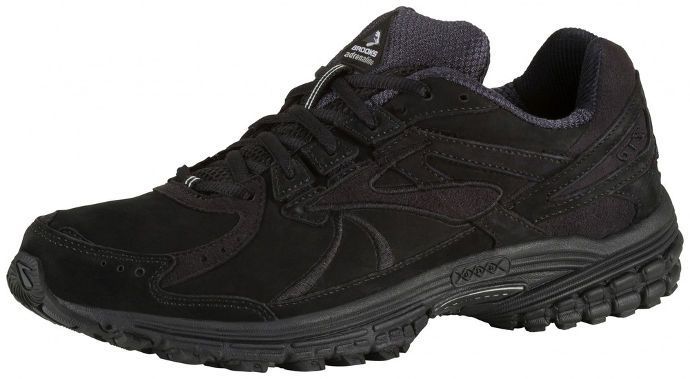 Black Brooks Adrenaline Walker 3 shoes for women featuring a combination of suede and mesh materials, with a cushioned sole and lace-up design for comfort and support.
