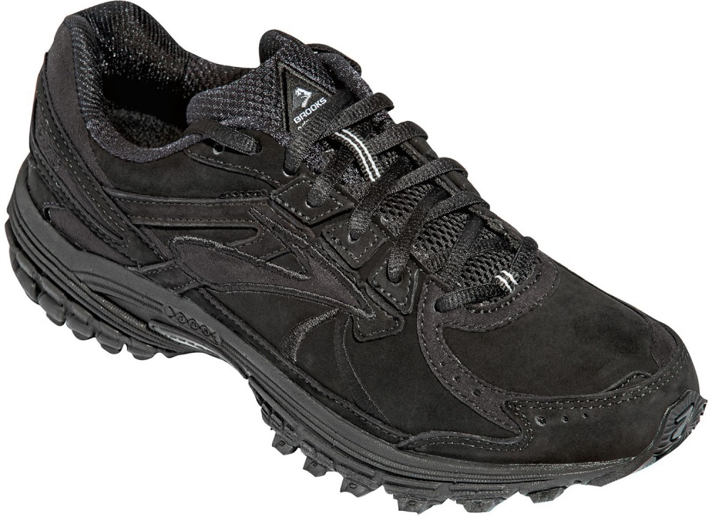 Black Brooks Adrenaline Walker 3 women's shoes featuring a suede and mesh upper, cushioned sole, and a lace-up design for support, size 6.