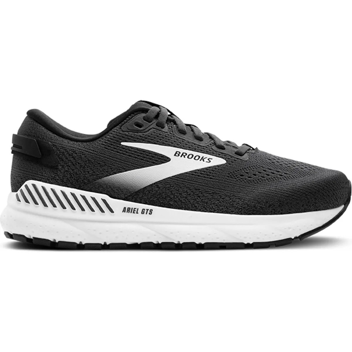 Black synthetic running shoes with white accents, featuring a breathable mesh upper, cushioned sole, and extra wide fit, labeled "Ariel GTS 24" on the side.