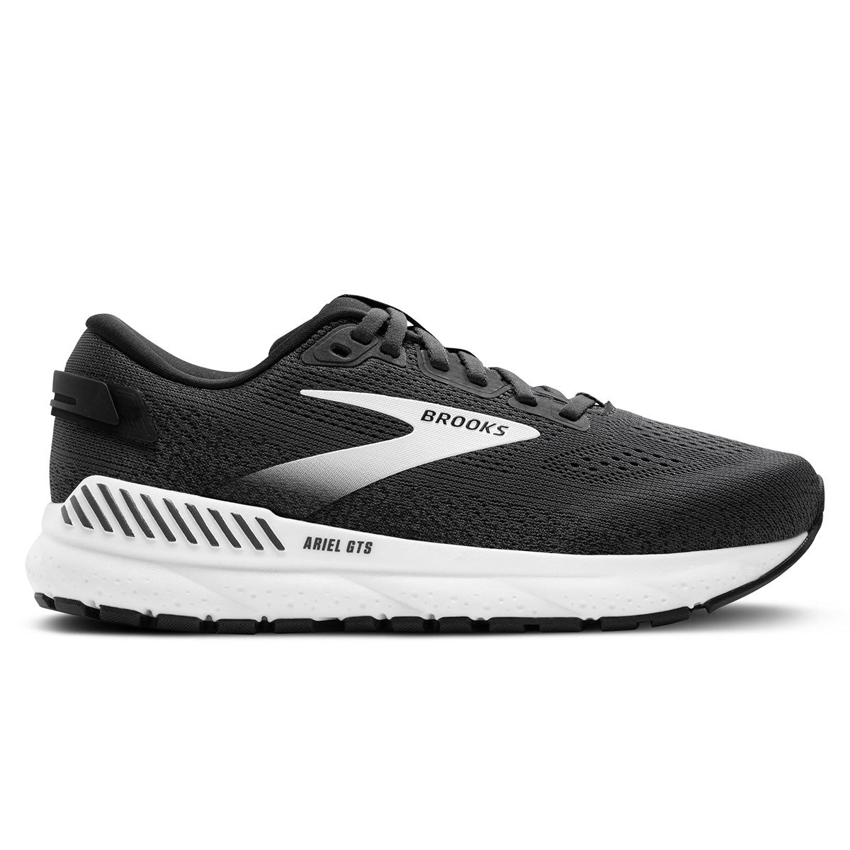 Brooks Ariel GTS 24 women's running shoes in ebony, black, and white, featuring a synthetic upper, cushioned sole, and a wide fit design.