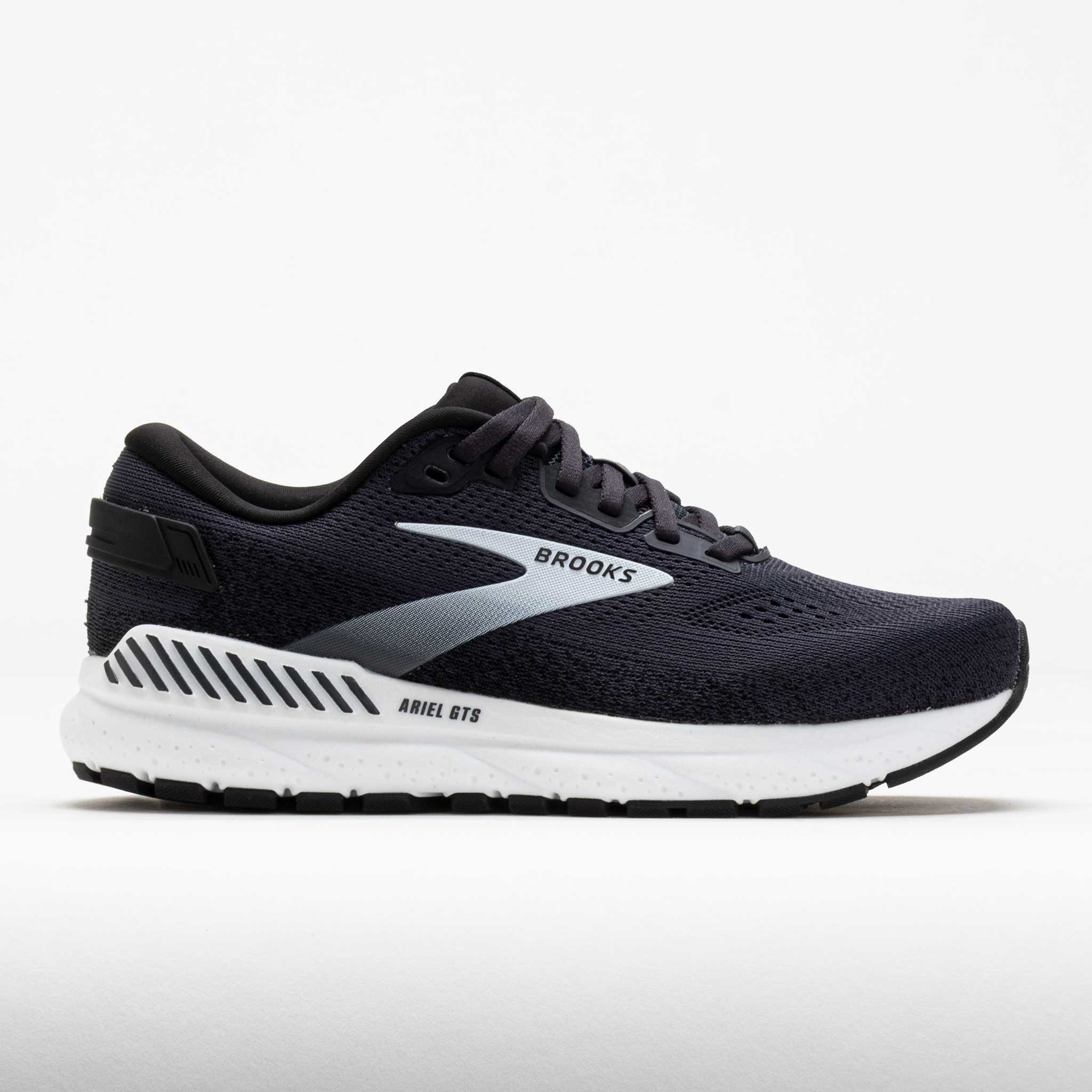 Brooks Ariel GTS 24 women's running shoe in ebony, black, and white, featuring a breathable mesh upper, cushioned sole, and supportive design, size 8 wide.