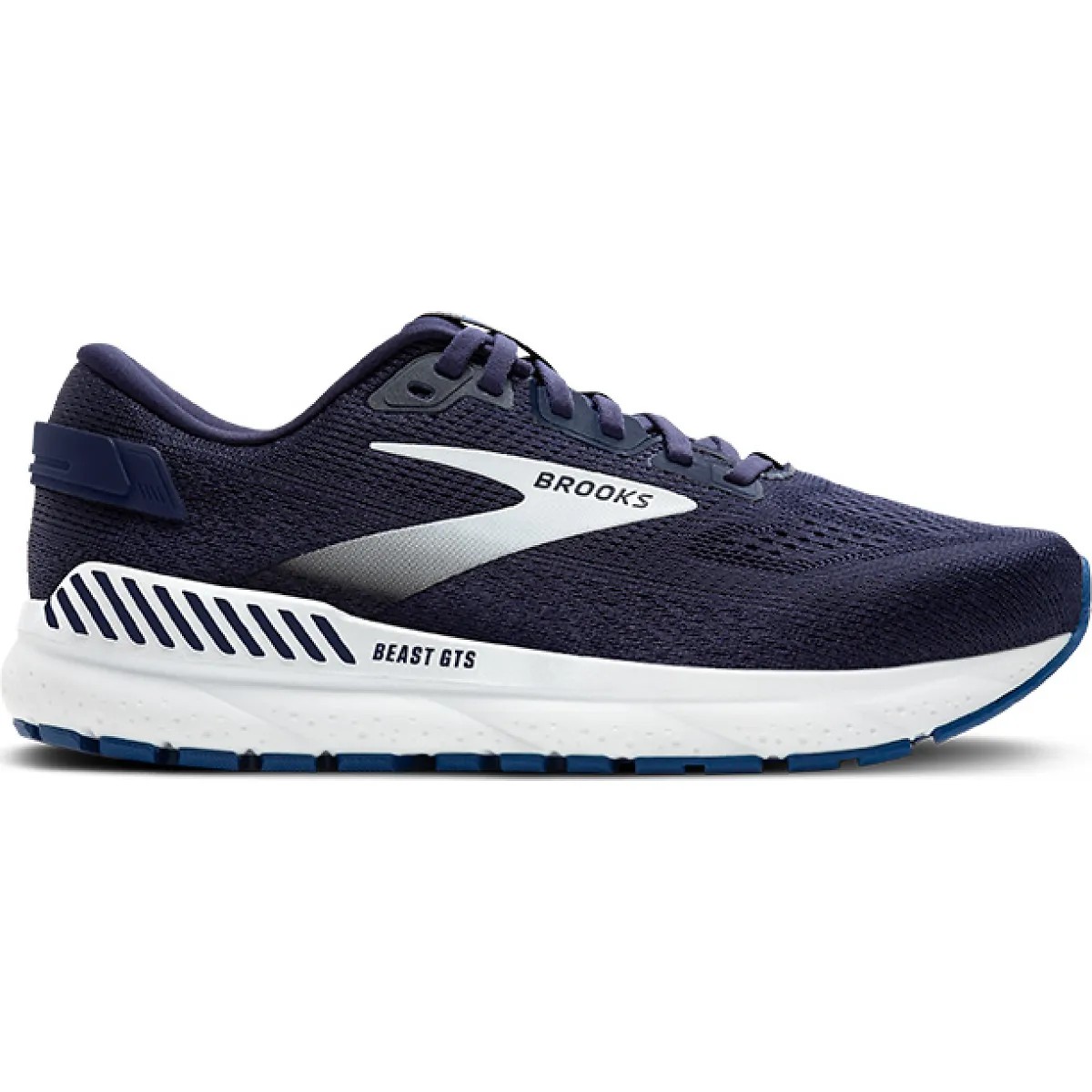 Men's Brooks Beast GTS 24 running shoes in peacoat blue and true navy, featuring a breathable textile upper, cushioned sole, and reflective detailing for visibility.