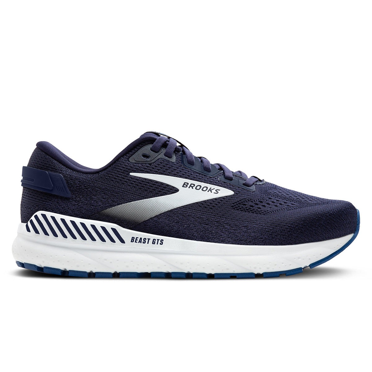 Brooks Beast GTS 24 men's running shoe in peacoat and true navy, featuring a breathable mesh upper, cushioned sole, and wide fit, size 14.