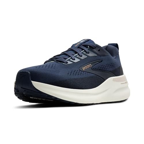 Supportive Brooks men's running shoe in peacoat blue with indigo and portabella accents, featuring a breathable mesh upper and cushioned sole, size 11.5 medium.