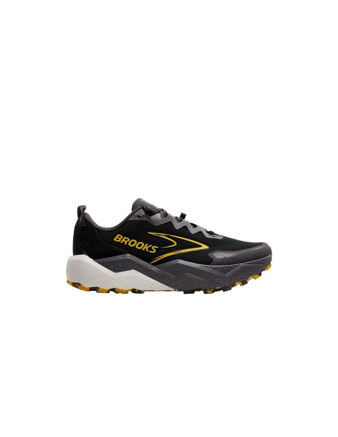 Black trail running shoes with yellow accents, featuring a breathable mesh upper, cushioned sole, and rugged outsole for traction, designed for men by Brooks.