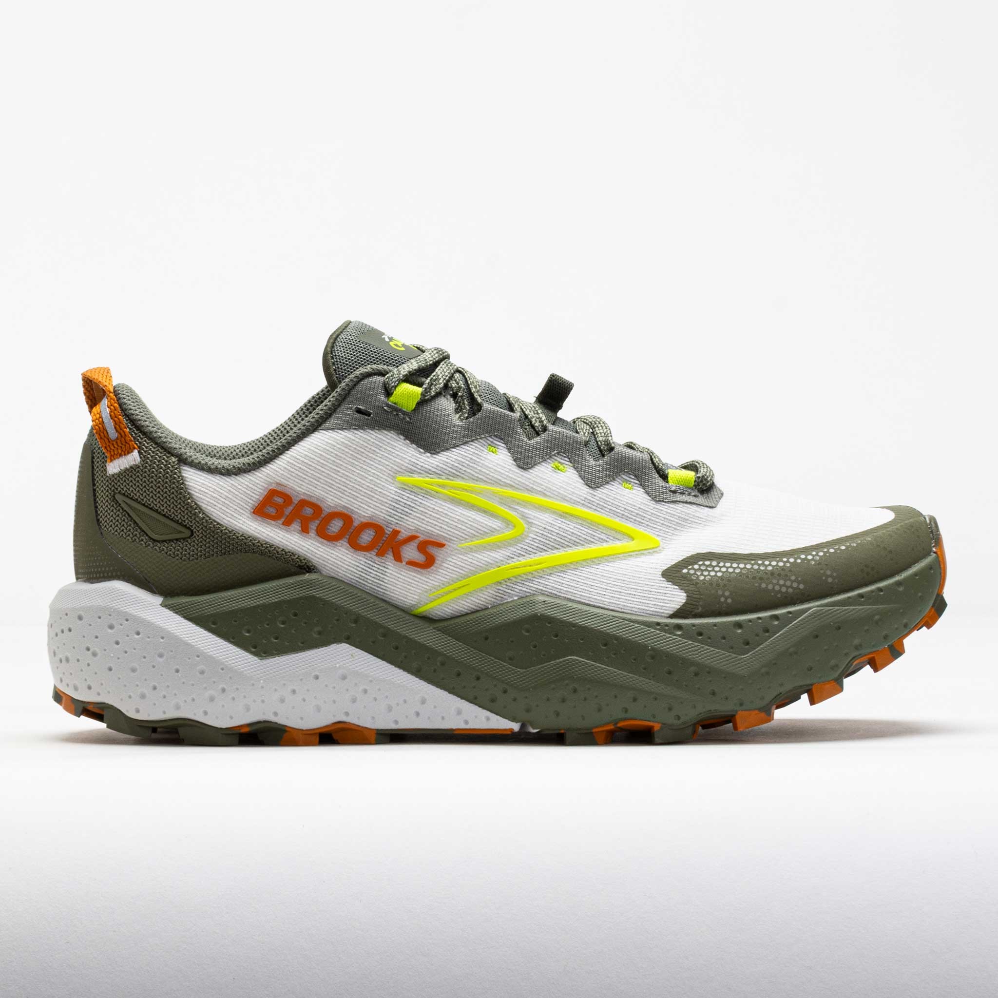 Men's Brooks Caldera 8 trailrunning shoes in Dusty Olive, Lime, and Oyster, featuring a breathable upper, cushioned sole, and rugged outsole for enhanced traction.