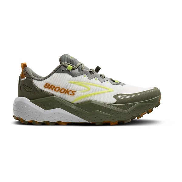 Men's Brooks Caldera 8 running shoes in dusty olive, lime, and oyster colors, featuring a breathable upper, cushioned sole, and rugged outsole for traction, size 13.
