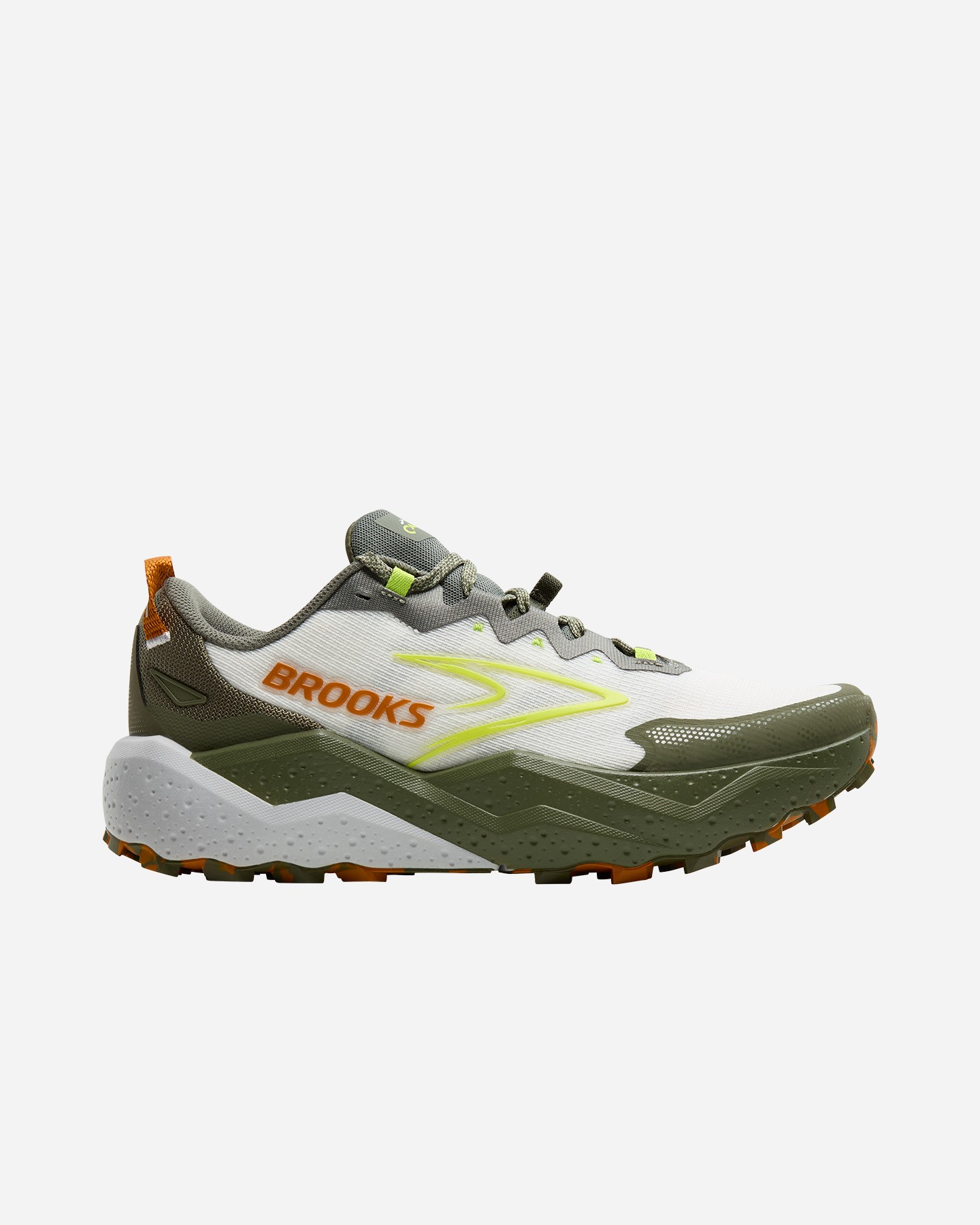 Trail running shoes featuring a white mesh upper with green and orange accents, a cushioned sole, and a rugged outsole for enhanced traction on various terrains.