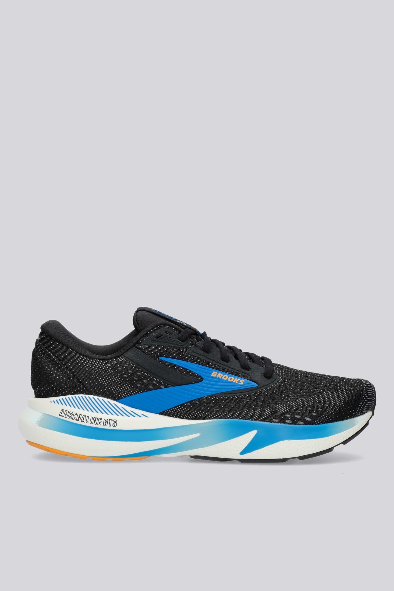 Black trail running shoes with blue accents, featuring a breathable mesh upper, cushioned sole, and a rugged outsole for traction on various terrains.