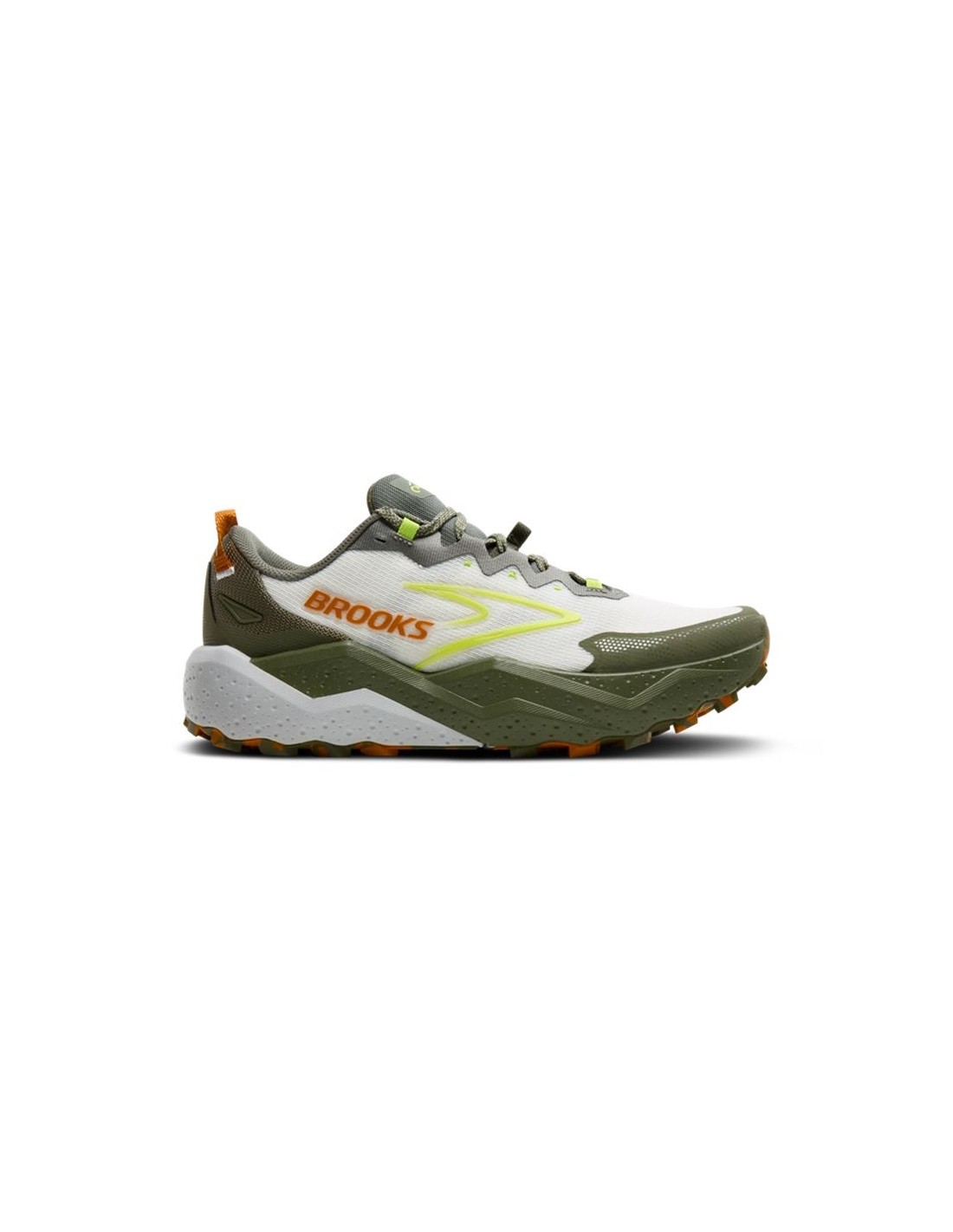 Men's Brooks Caldera 8 trailrunning shoes in dusty olive, lime, and oyster, featuring a breathable mesh upper, cushioned sole, and rugged outsole for traction.