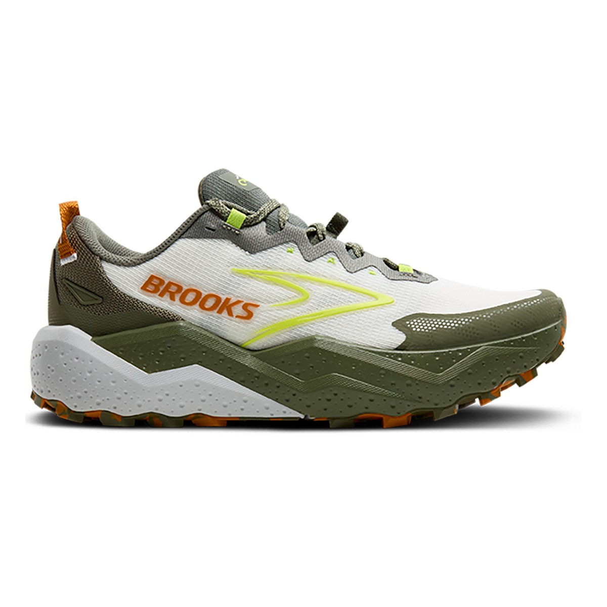 Men's Brooks Caldera 8 trailrunning shoes in dusty olive, lime, and oyster colors, featuring a breathable mesh upper, cushioned sole, and rugged traction outsole.