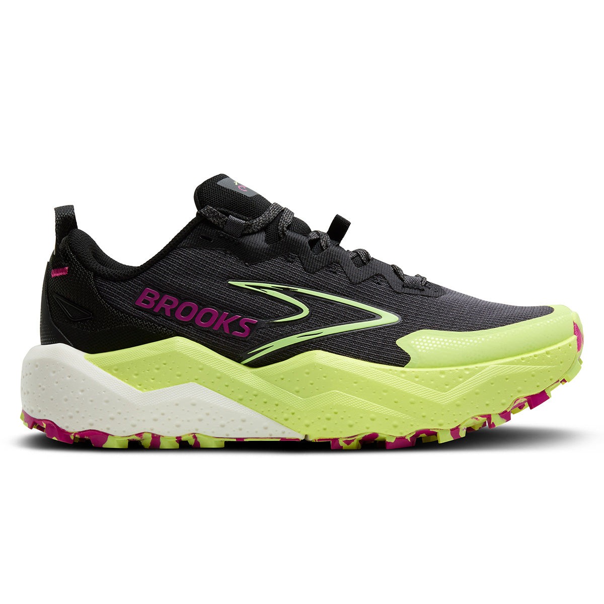 Brooks Caldera 8 women's trail running shoes in grey, black, and lime green, featuring a breathable upper, cushioned sole, and rugged outsole for traction, size 7.5.