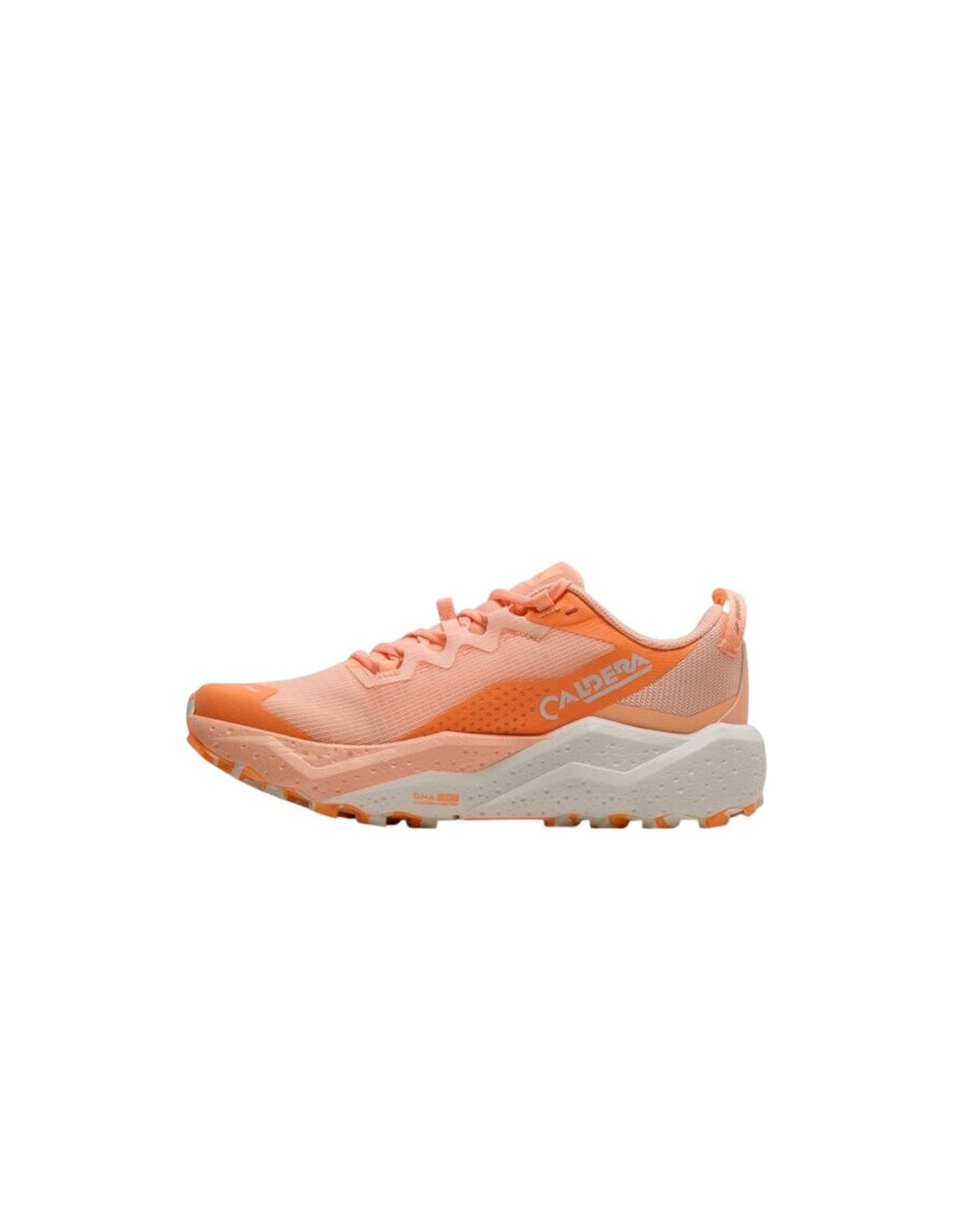 Trail running shoes in a peach colorway with coconut accents, featuring a breathable mesh upper, cushioned sole, and rugged outsole for enhanced grip.