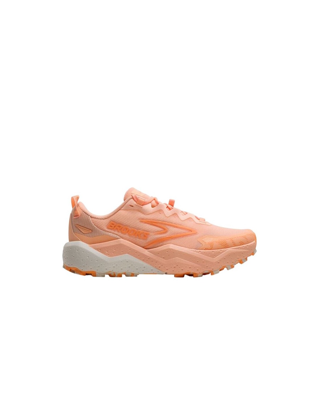 Light orange Brooks Caldera 8 women's shoes feature a breathable mesh upper, cushioned sole, and textured outsole for traction, size 36.5.