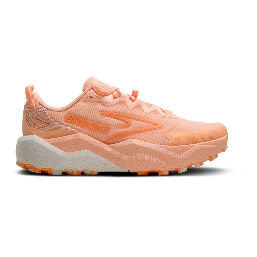 Peach-colored Brooks Caldera 8 trail running shoes for women, featuring a textured upper, cushioned sole, and rugged outsole for traction, size 43.