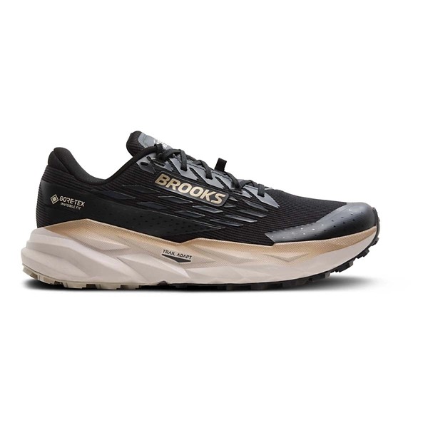 Men's Brooks Cascadia 19 GTX trail running shoes in black, ebony, and chateau grey, featuring a Gore-Tex upper, cushioned sole, and rugged traction for off-road performance.