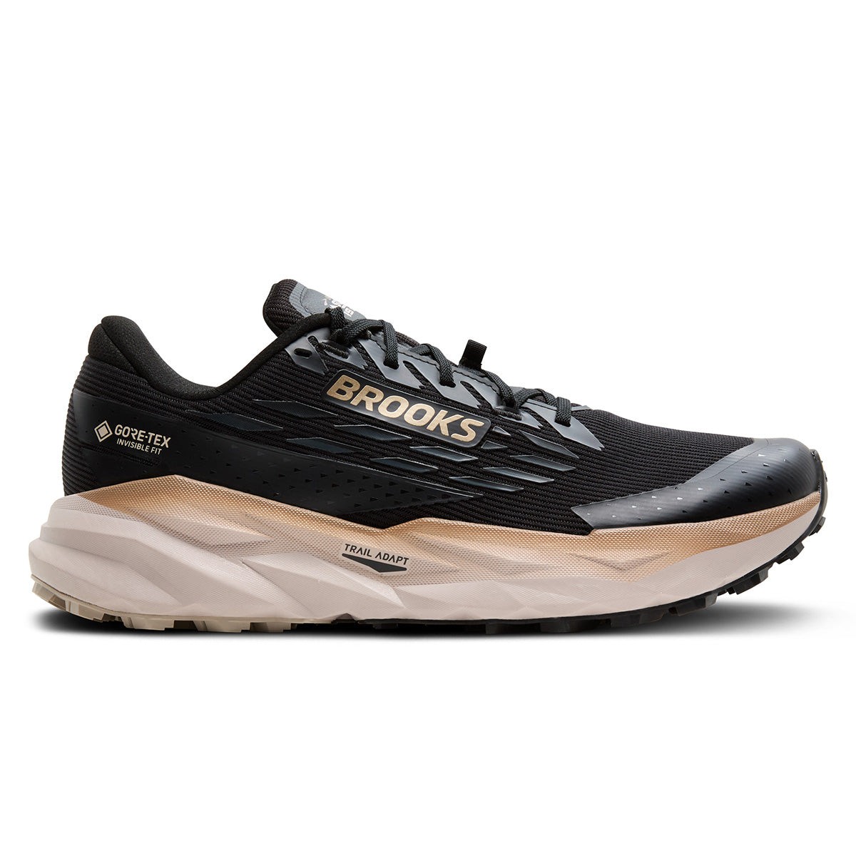 Black and gray Brooks Cascadia 19 GTX men's trail running shoe featuring a textured upper, cushioned sole, and GORE-TEX technology for waterproofing, size 14.