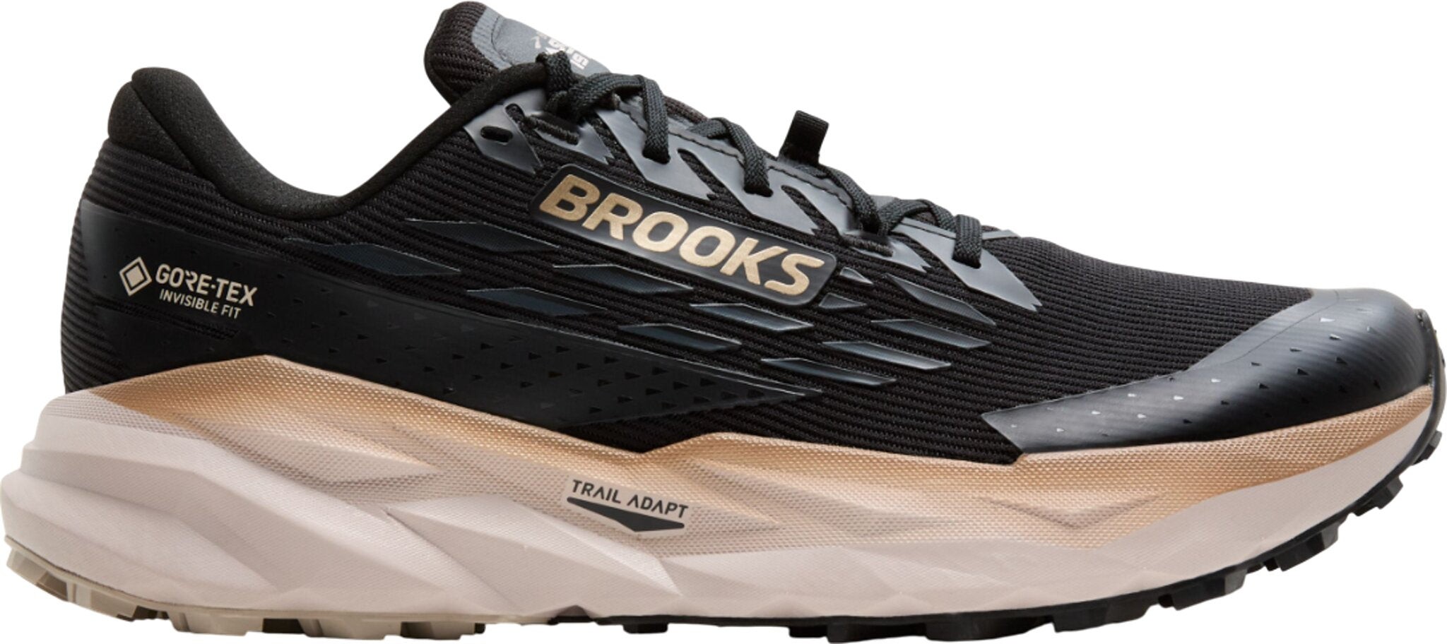 Men's Brooks Cascadia 19 GTX trail running shoes in black, ebony, and chateau grey, featuring a GORE-TEX upper, cushioned sole, and rugged traction outsole.